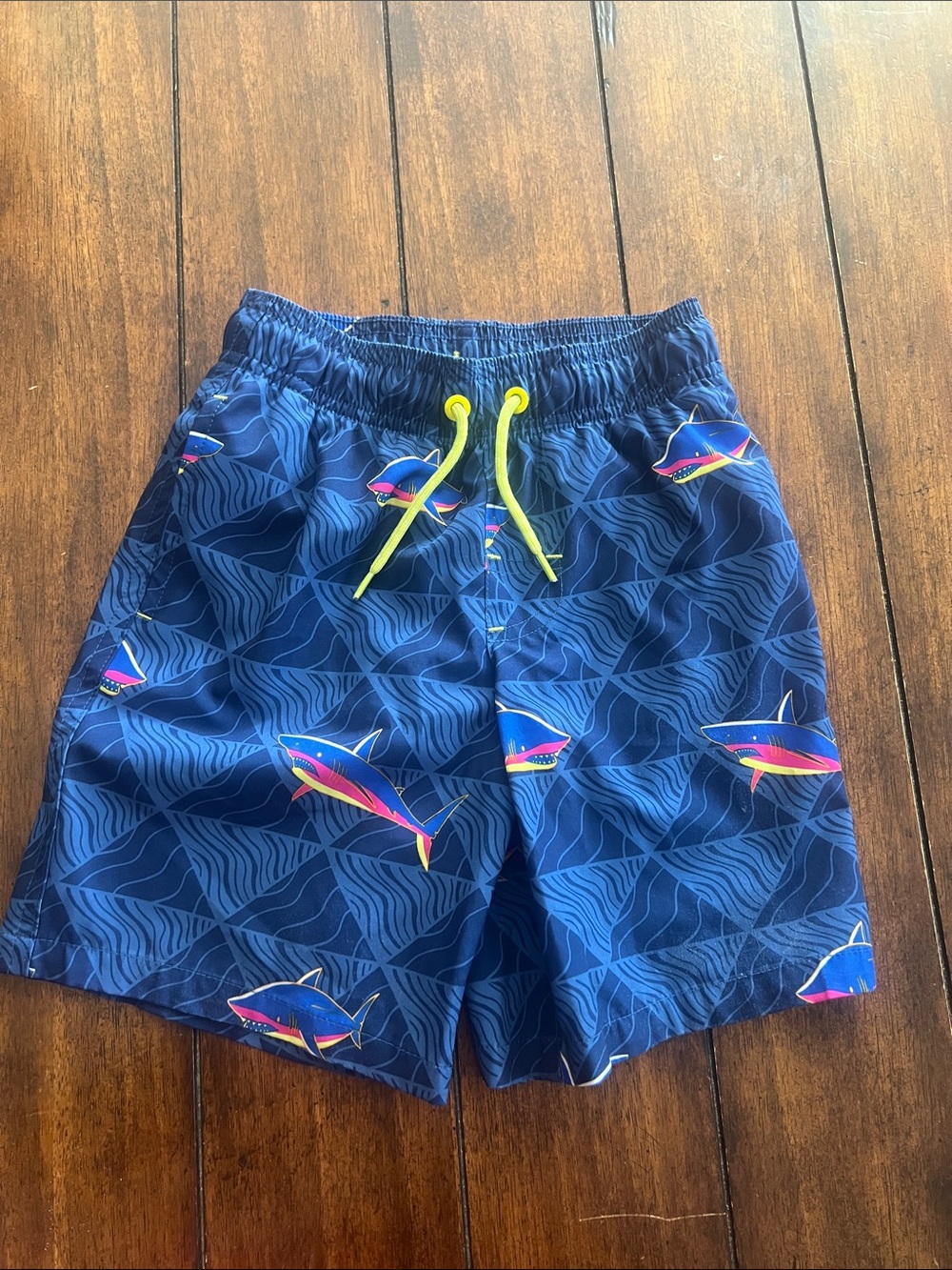 🎉🎉 5 for $20🎉🎉Navy Shark Print Kids Swim Shorts with Yellow Drawstring